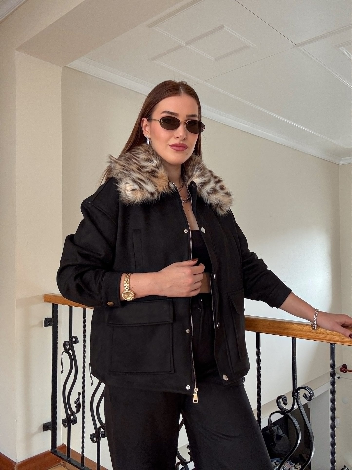 LEOPAR yaka süet ikili takım SİYAH