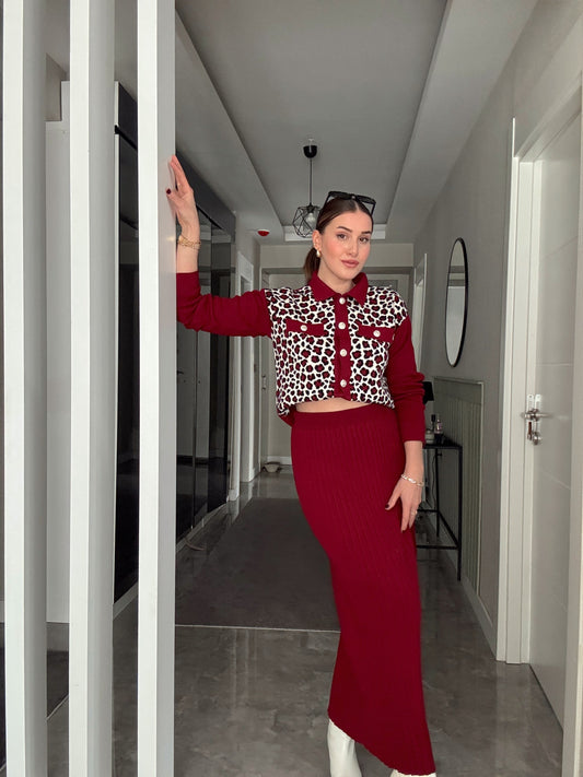Leopar Desen Etekli Takım - BORDO