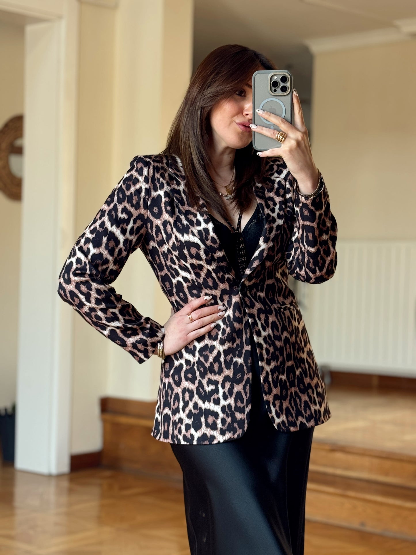 Tek Düğme leopar ceket Leopar