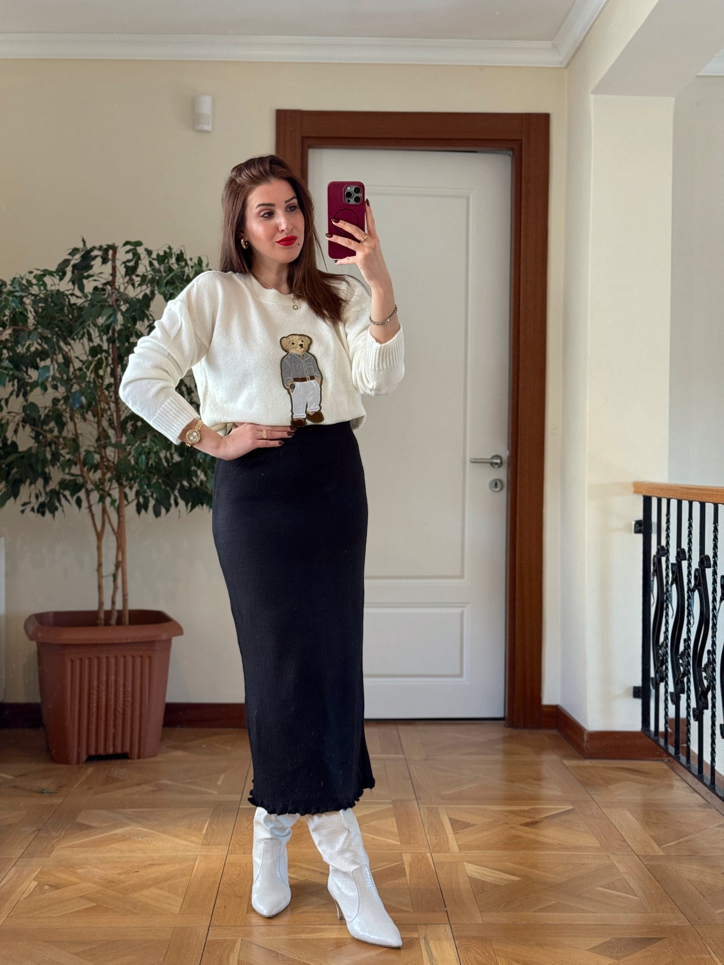 Ayıcık İşleme Yumoş Triko Kazak - EKRU-GRİ