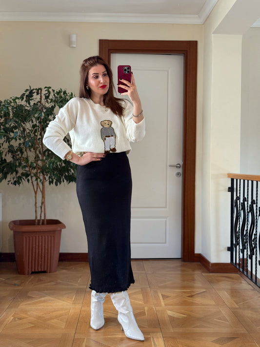 Ayıcık İşleme Yumoş Triko Kazak - EKRU-GRİ