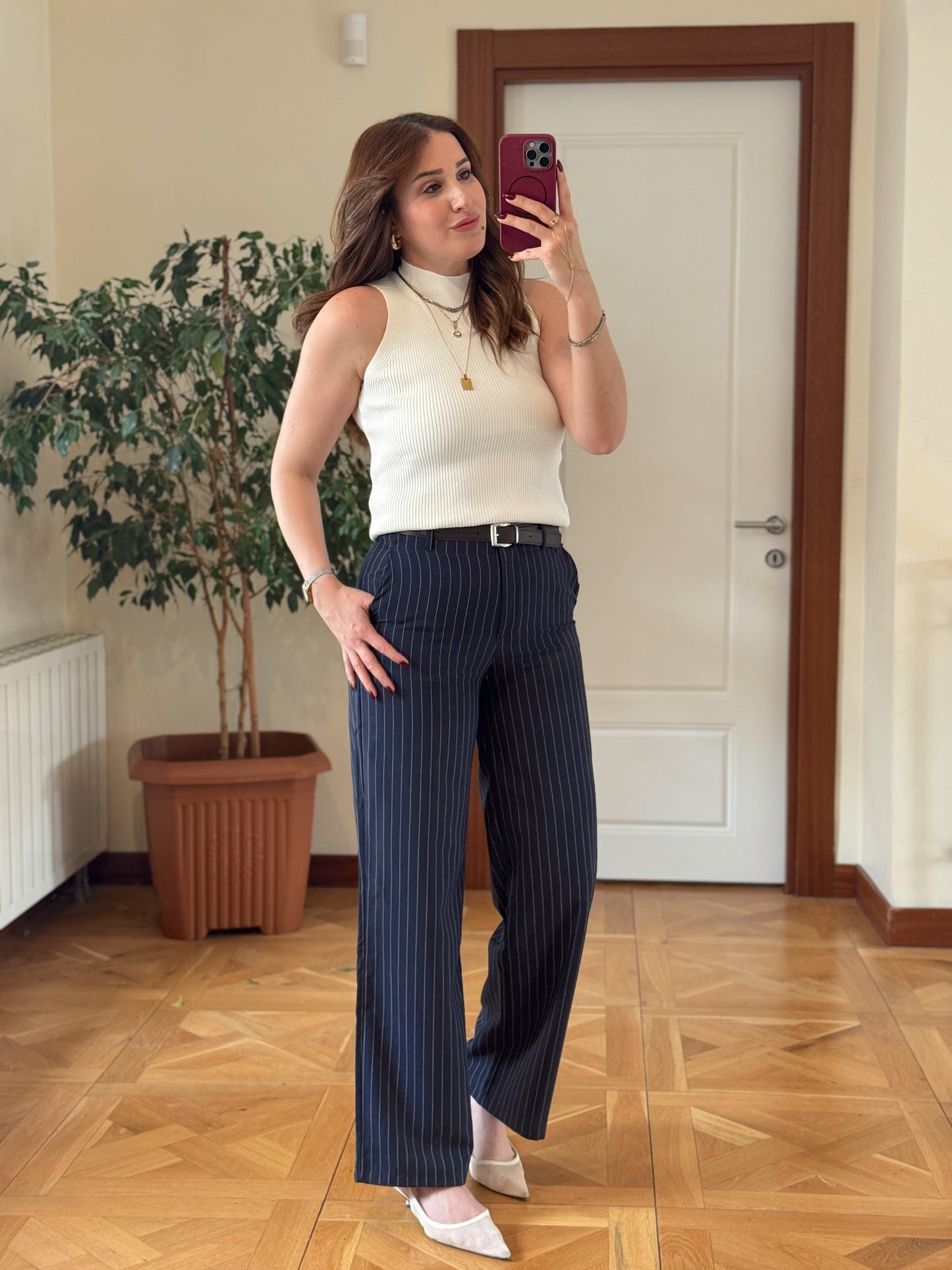 Çizgili kemerli pantolon-LACİVERT