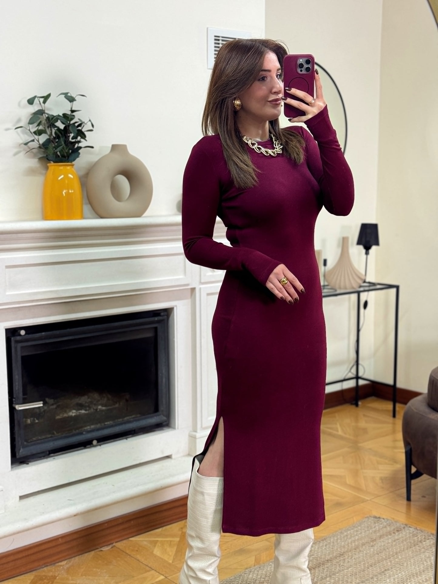 Bisiklet yaka parmak geçirmeli elbise-BORDO