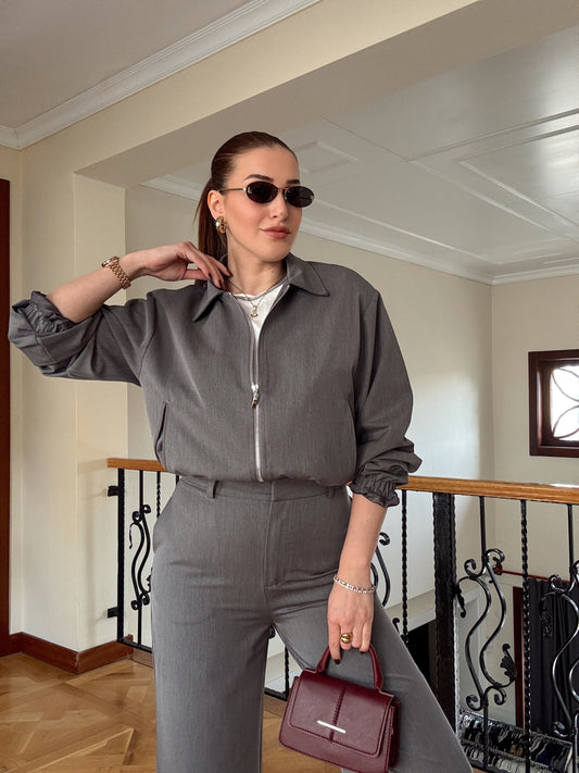 TİNA Bel büzgülü cepli premium ceket GRİ