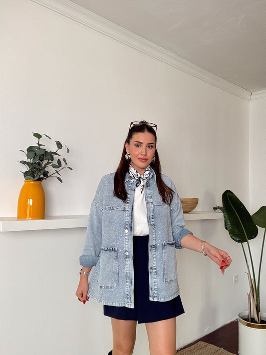 Cepli Taşlı oversize jean ceket Mavi
