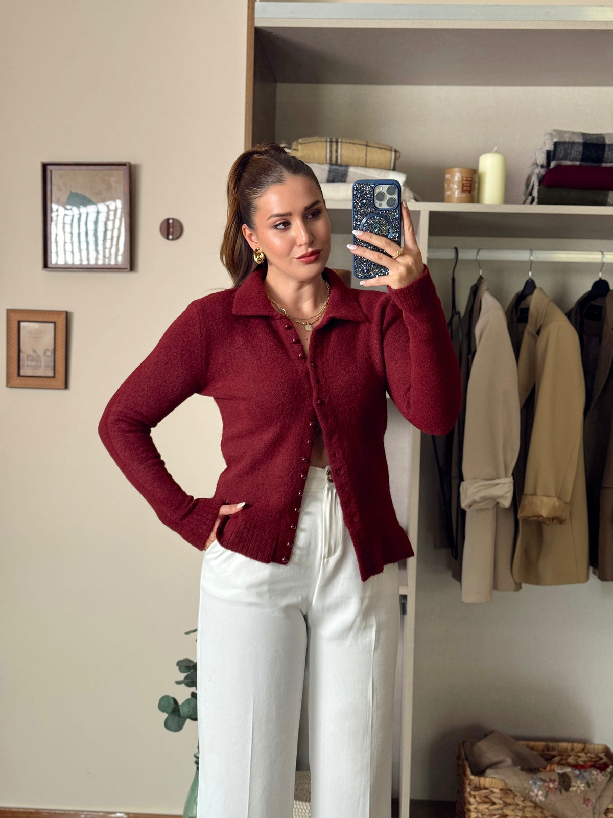 Polo yaka yumoş Pinterest hırka bordo