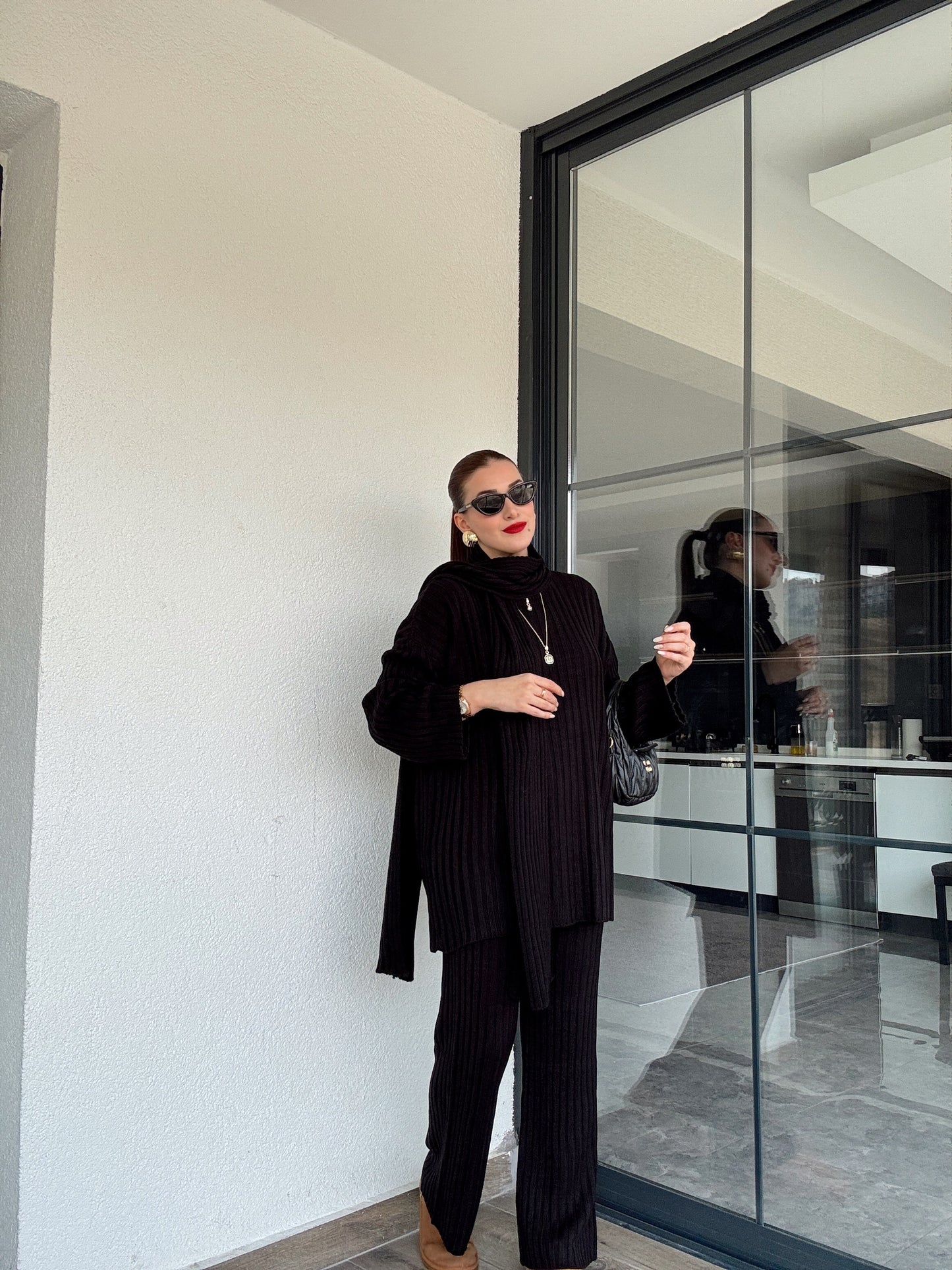 Şallı triko takım-SİYAH