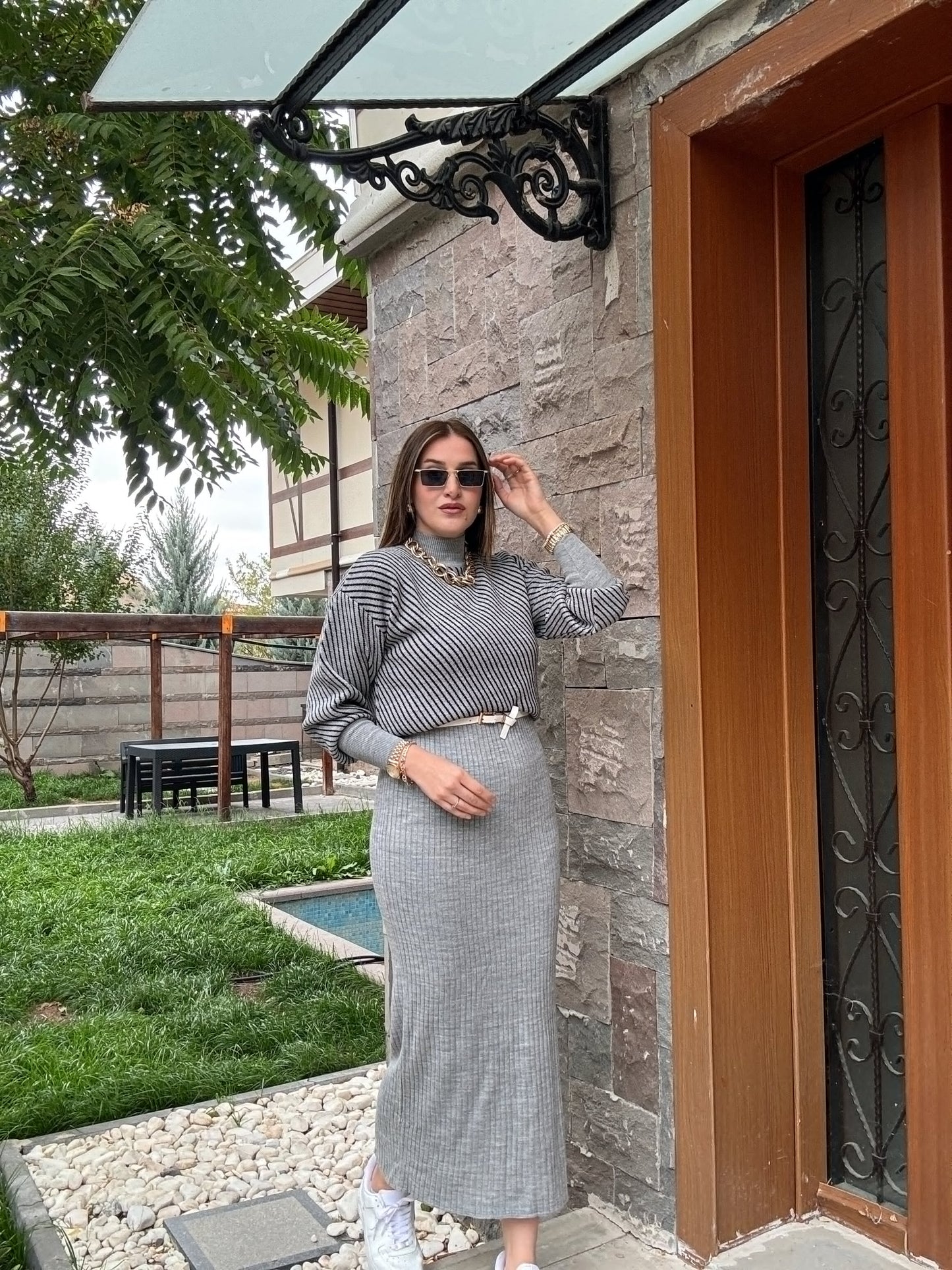 Yatay Çizgili Pikeli Jileli Takım - GRİ