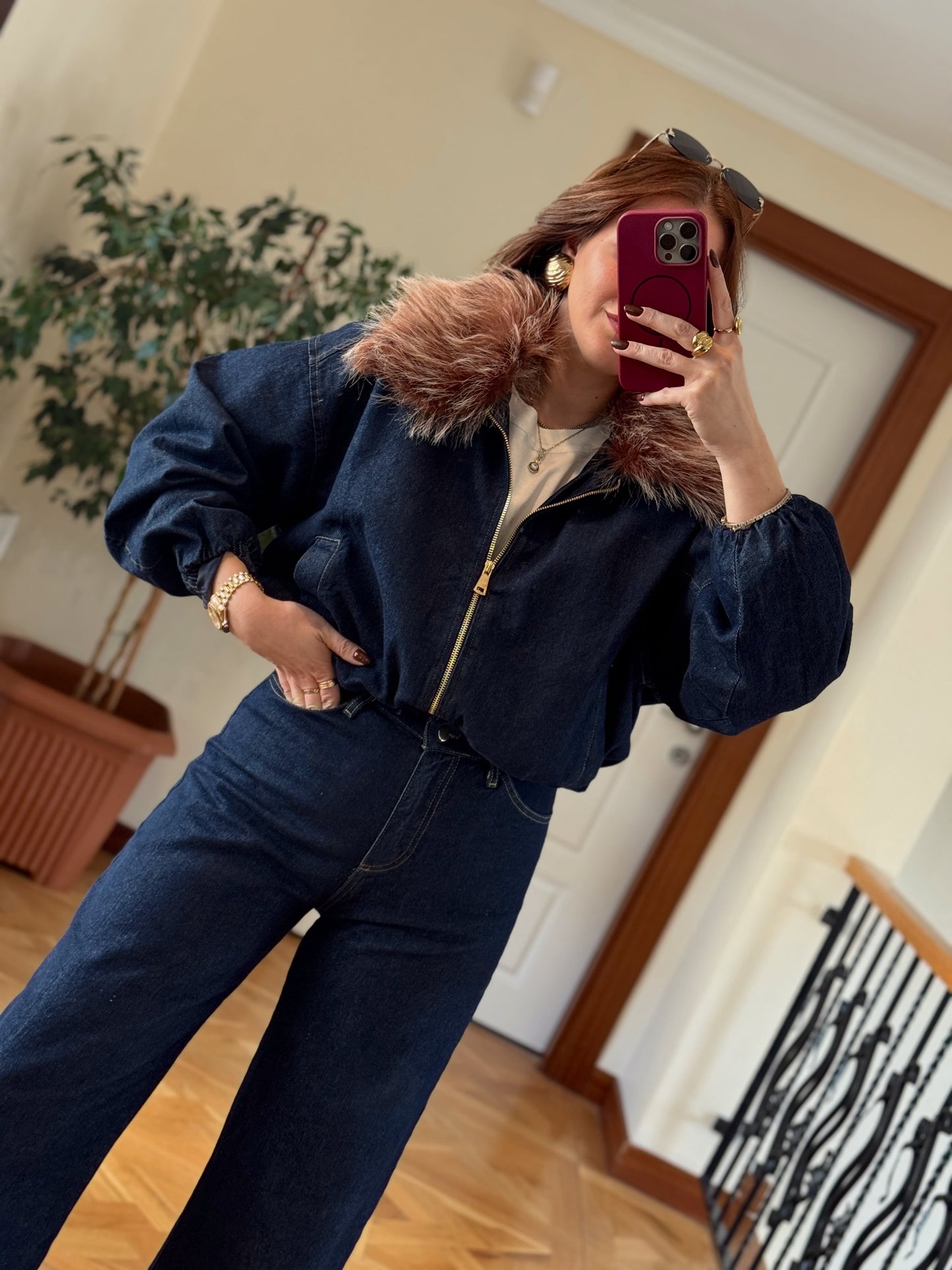 Yaka kürk detaylı jean ceket-KOYU MAVİ