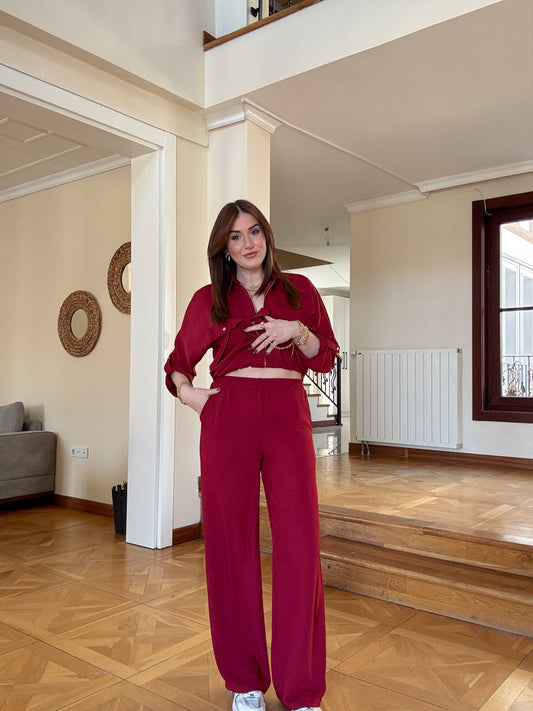 Tensel kumaş Gold Fermuarlı Kuşaklı Takım-BORDO