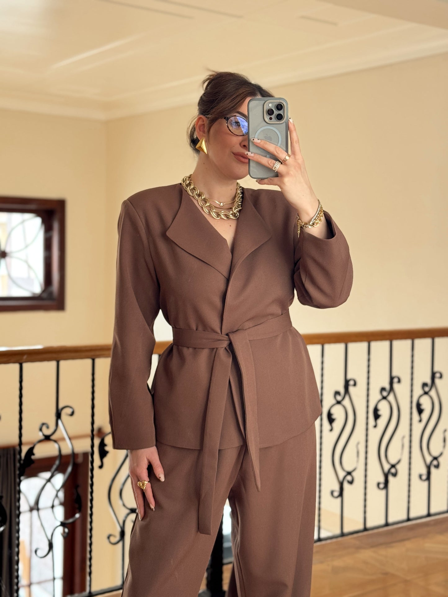 Ceket Kuşaklı Şalvar Takım-KAHVERENGİ