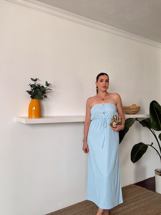 Straplez gold düğme detaylı fitilli elbise MAVİ