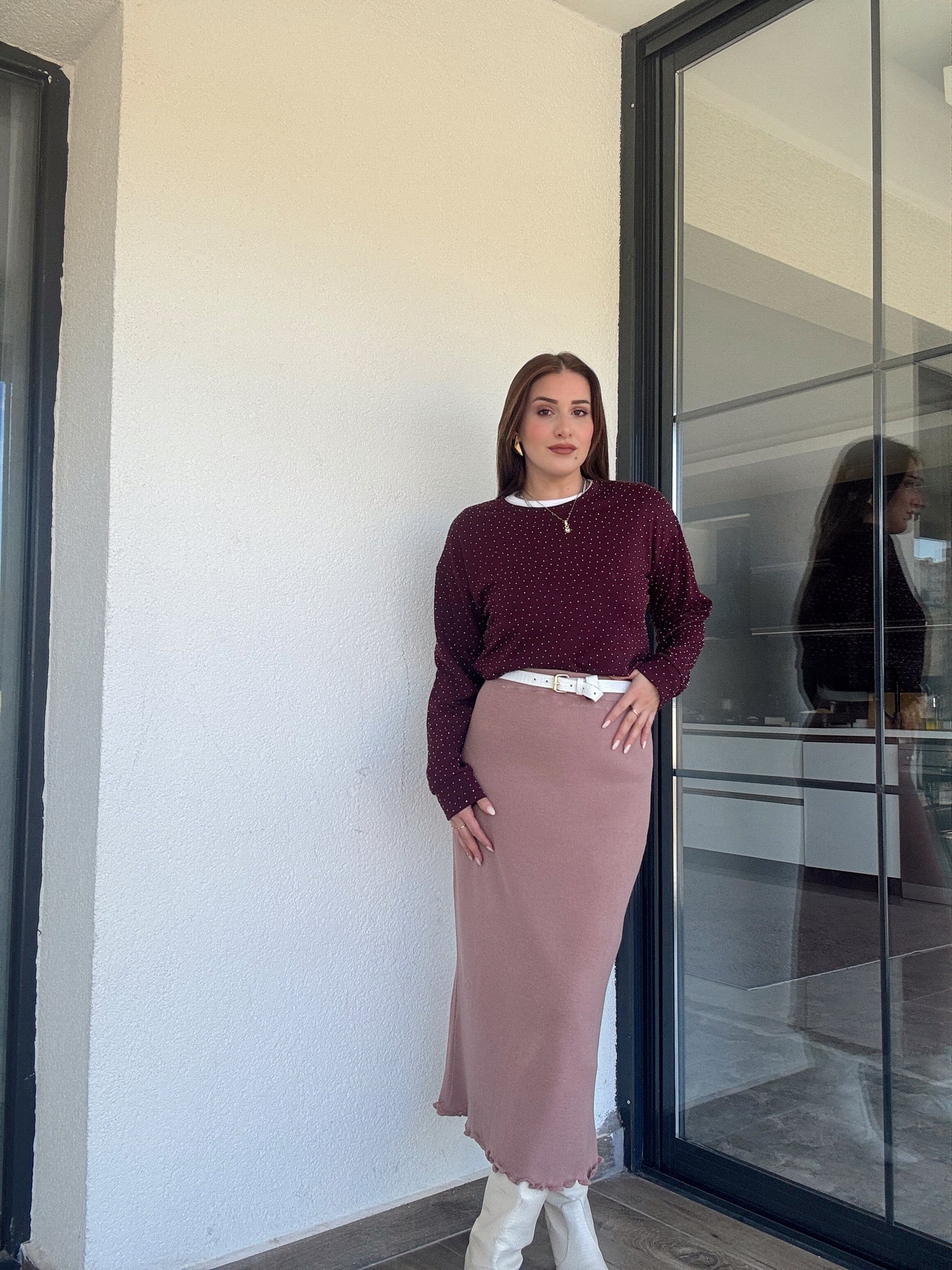 Volanlı Triko Etek - PUDRA