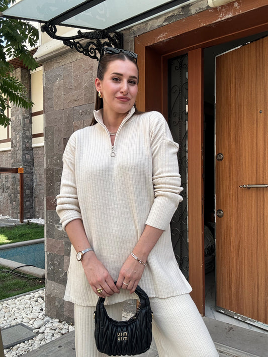 Fermuarlı Fitilli Triko Takım - LATTE