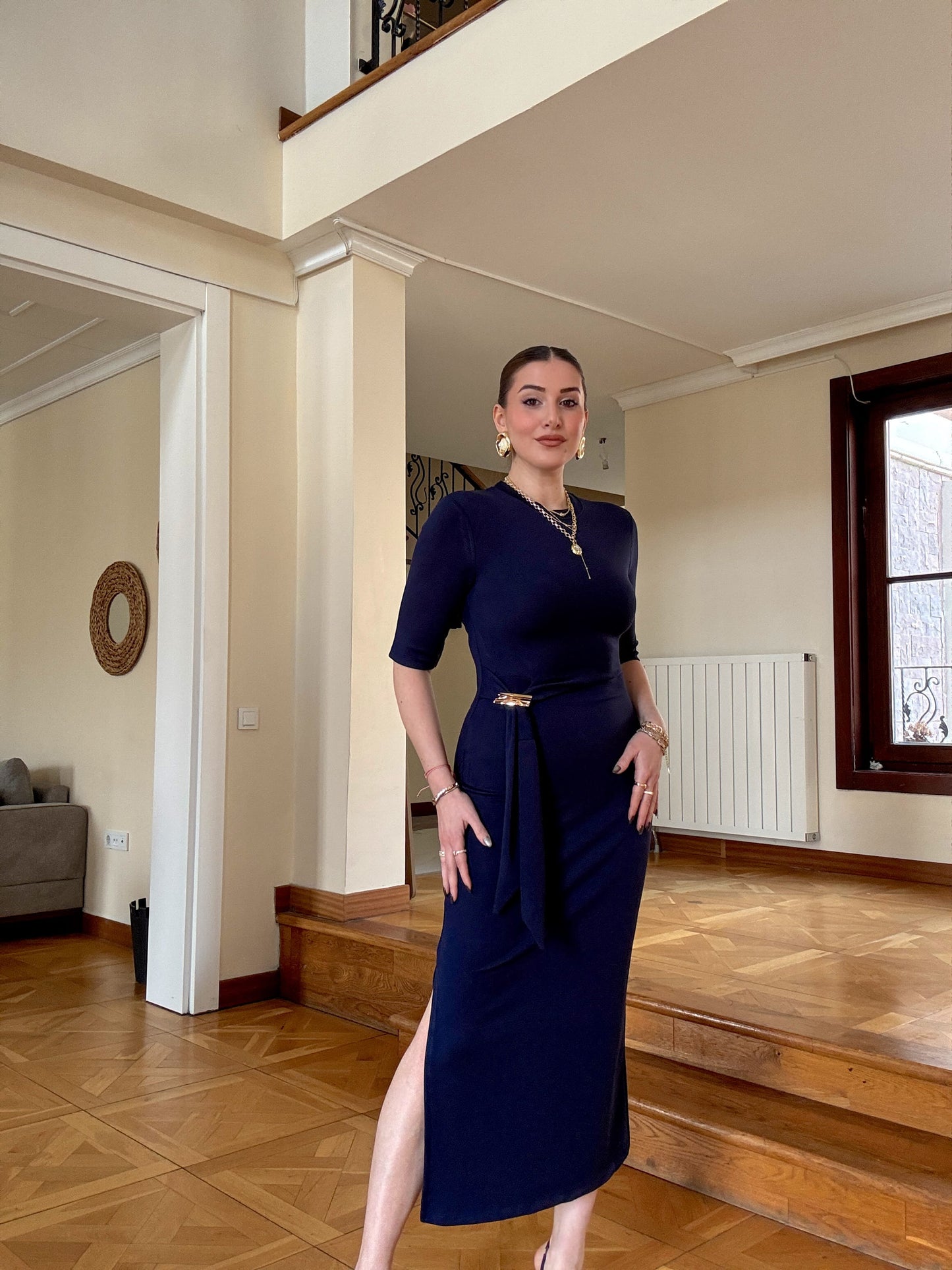 Önü toka detaylı modal elbise LACİVERT