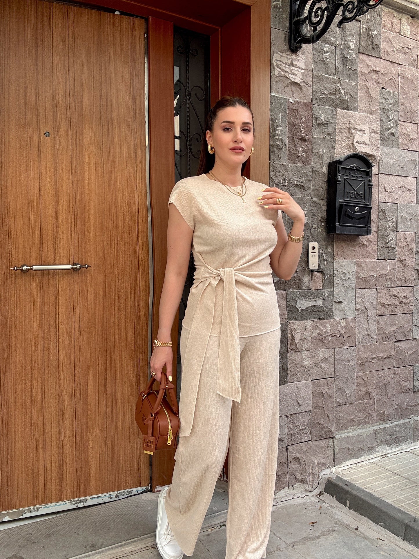 Bağlama detaylı bluz pantolon ikili takım BEJ