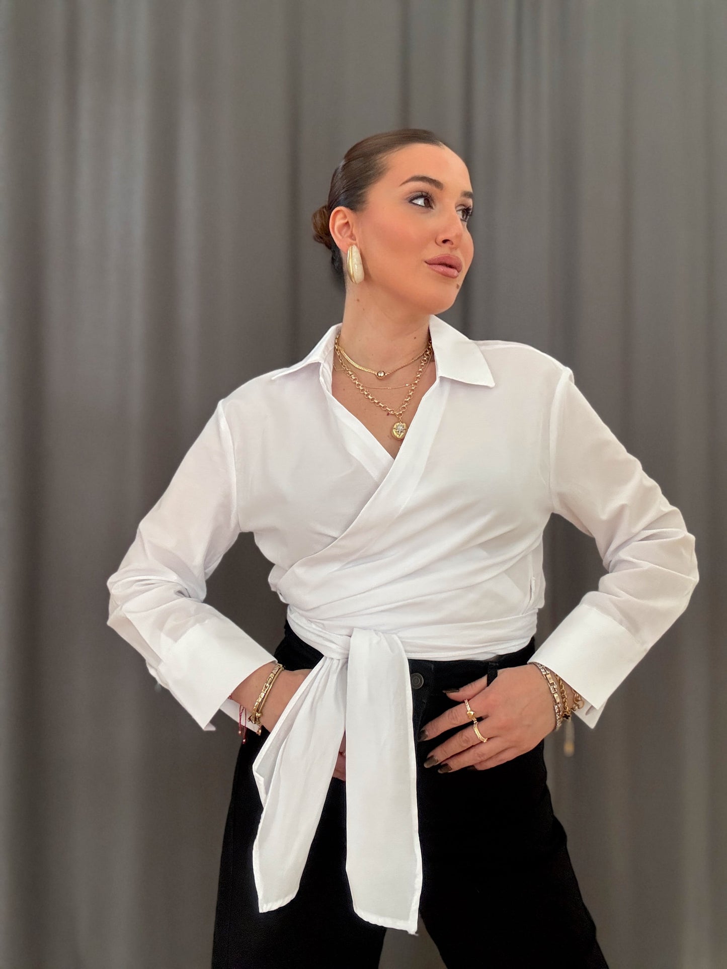 Poplin bağlamalı gömlek Beyaz
