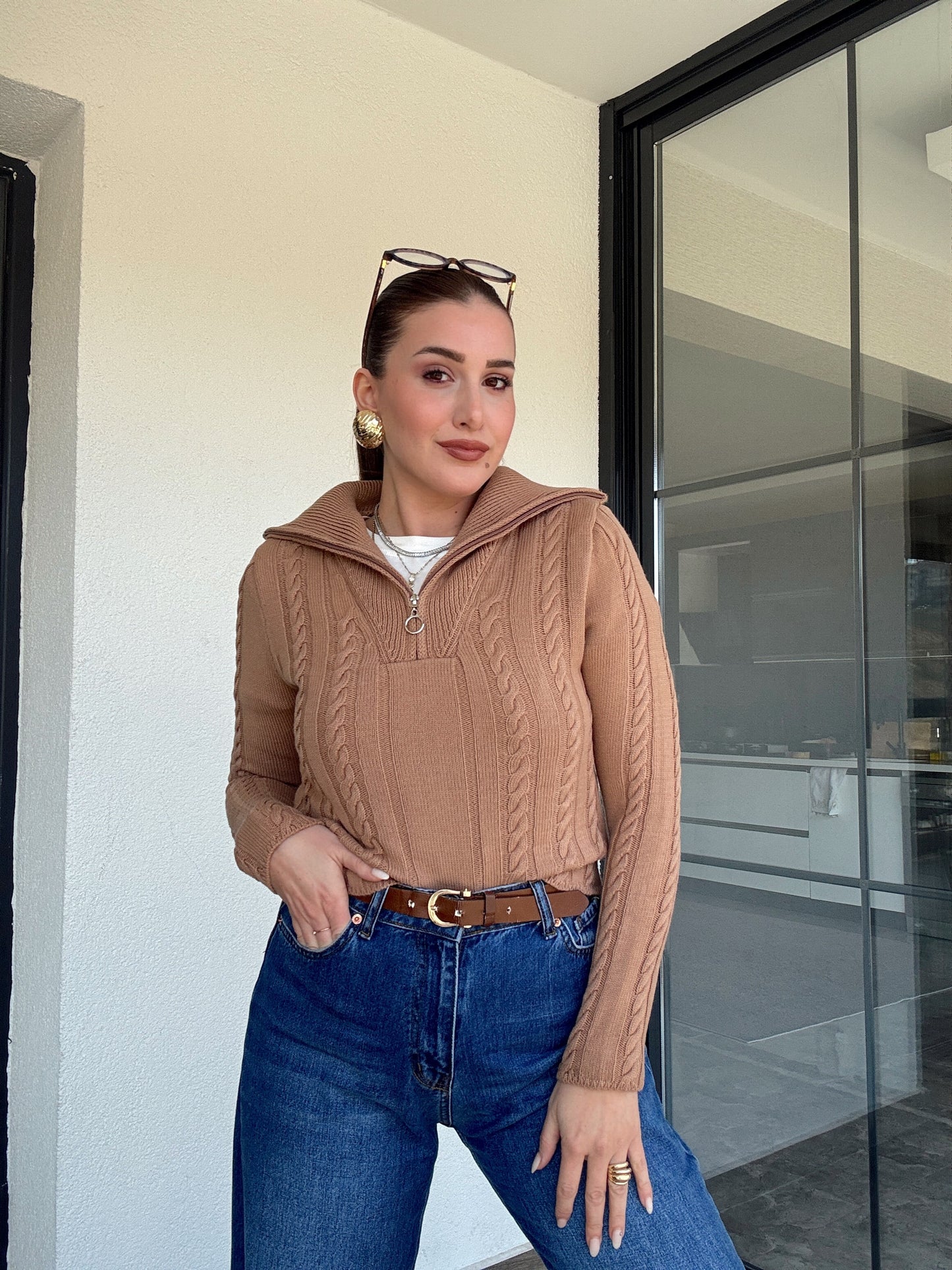 Saç Örgü Fermuarlı Spor Bluz - CAMEL