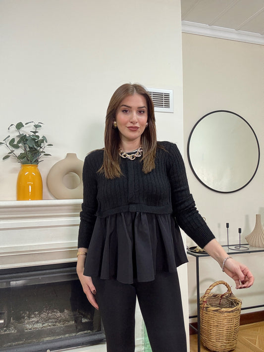 Poplin gömlek garnili triko kazak -SİYAH