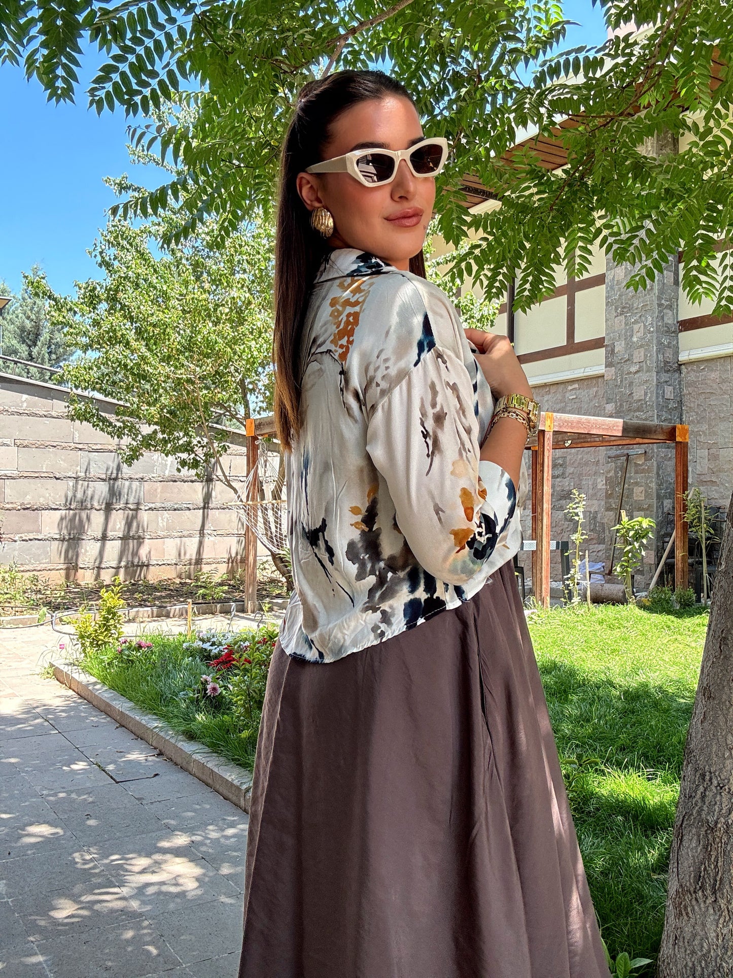 Batik desen gömlekli elbise Kahve