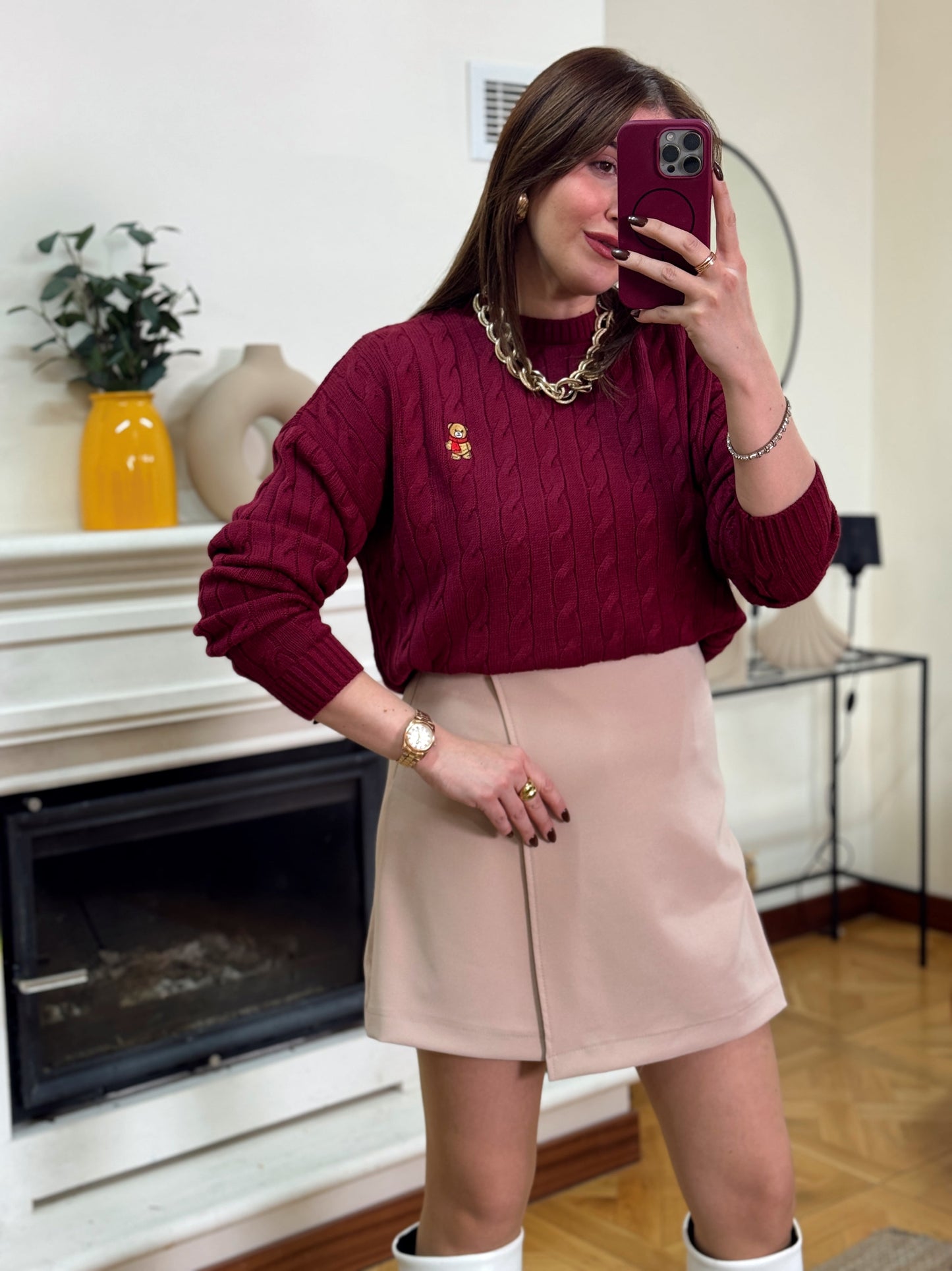 Saç örgü küçük ayıcık işlemeli kazak-BORDO