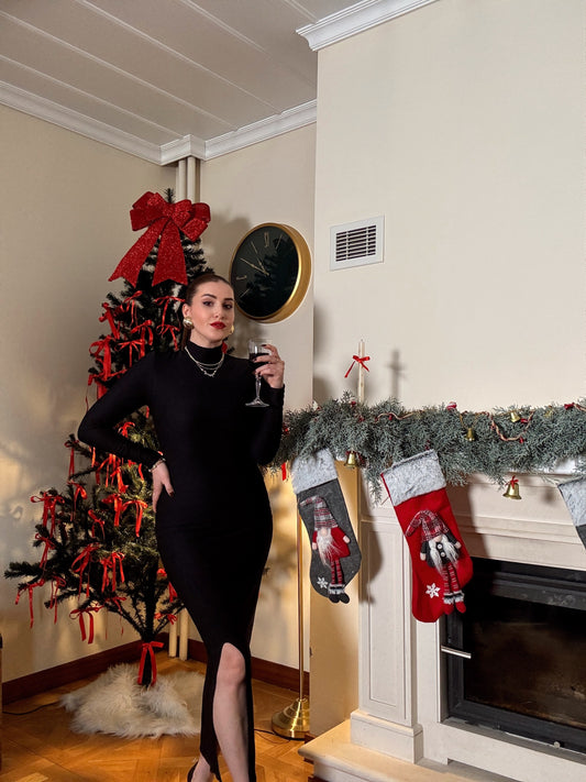 Yarım boğaz uzun kollu elbise-SİYAH