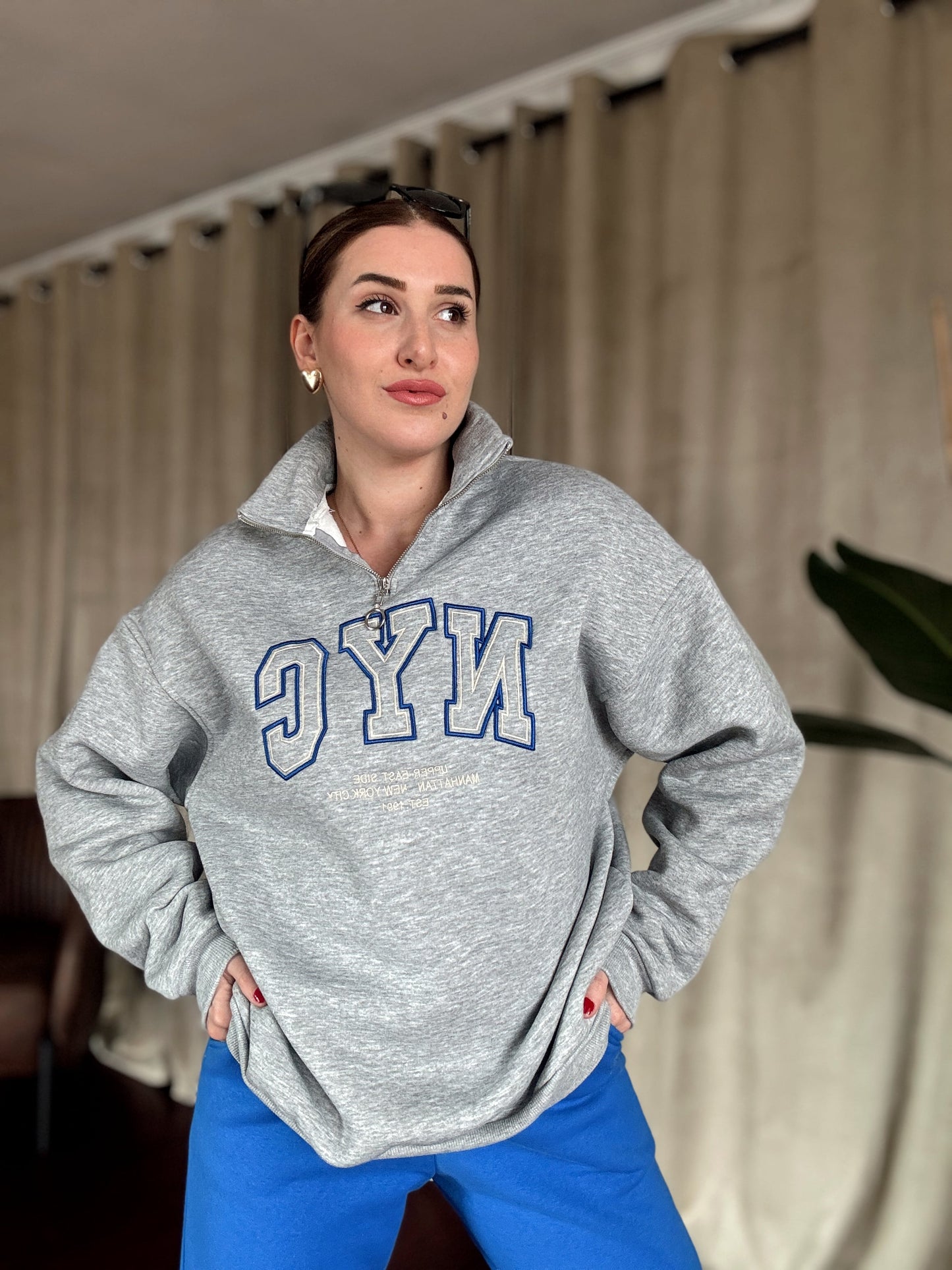 NYC Nakışlı Fermuarlı 3 İplik Şardonlu Sweatshirt- GRİ