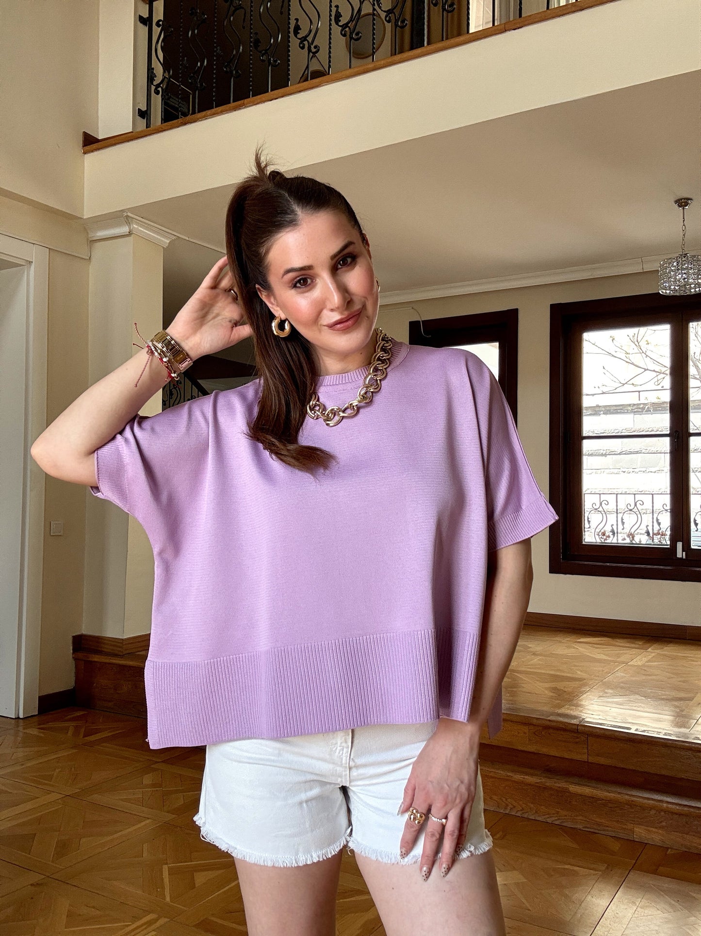 Kısa Kollu Oversize Triko Kazak-LİLA