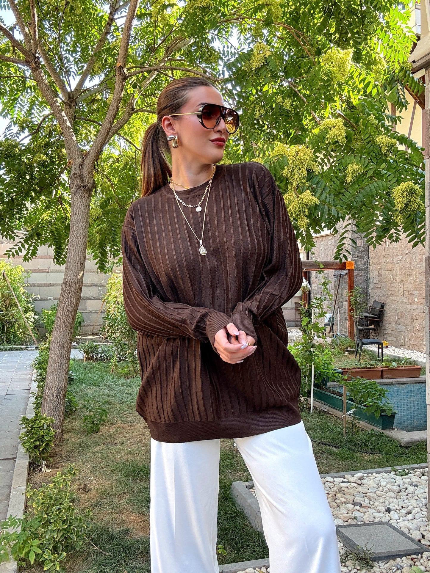 Şerit detaylı oversize premium kazak Kahve