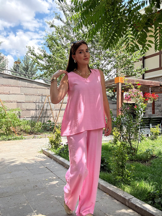 TENCEL v yaka salaş takım PEMBE