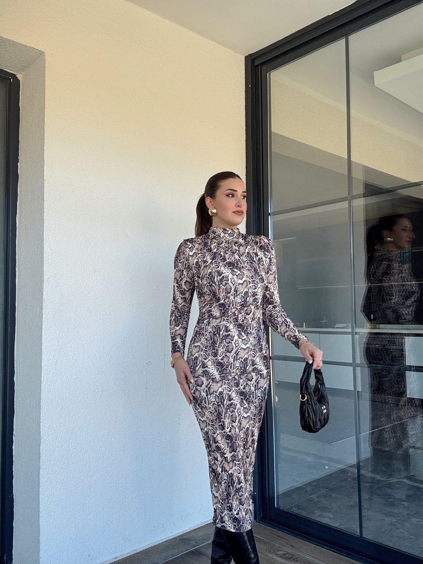 Sandy kumaş drape detaylı SNAKE desen elbise-MİX