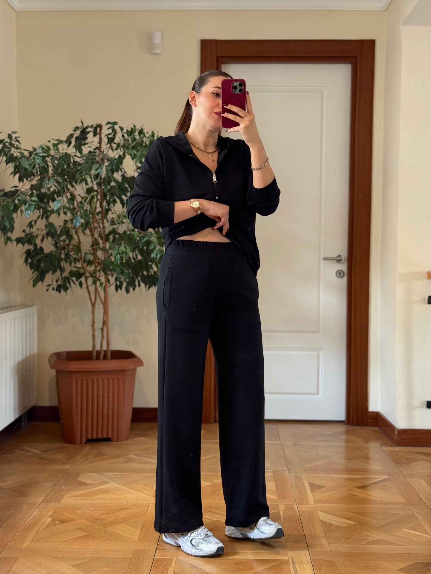 MODAL KUMAŞ KANGURU CEP YARIM FERMUAR TAKIM-SİYAH