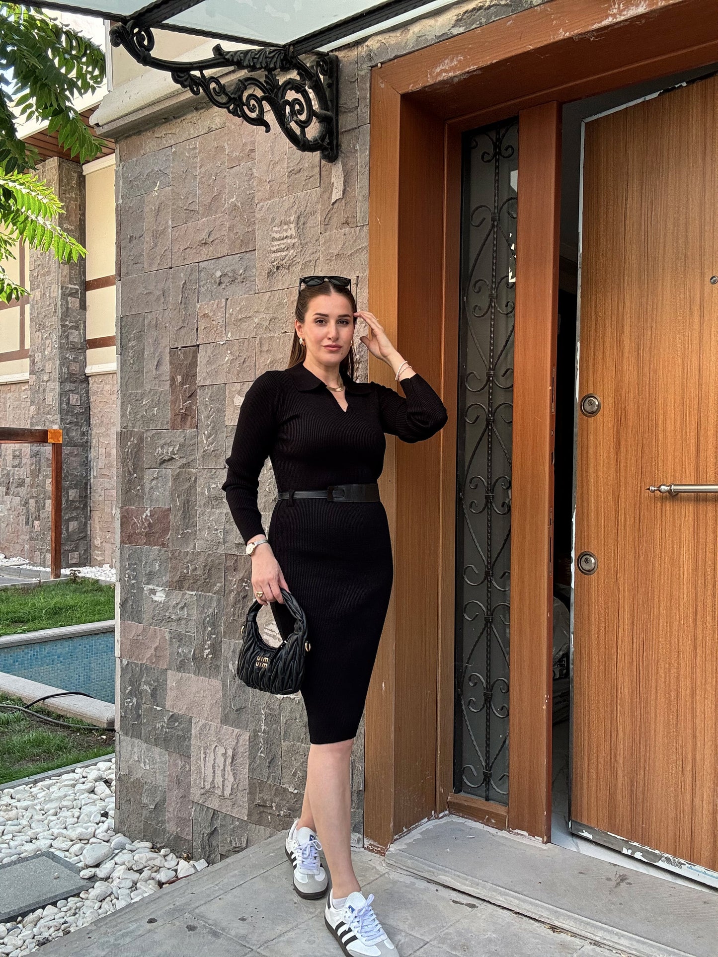 Fitilli Polo Yaka Triko Elbise - SİYAH