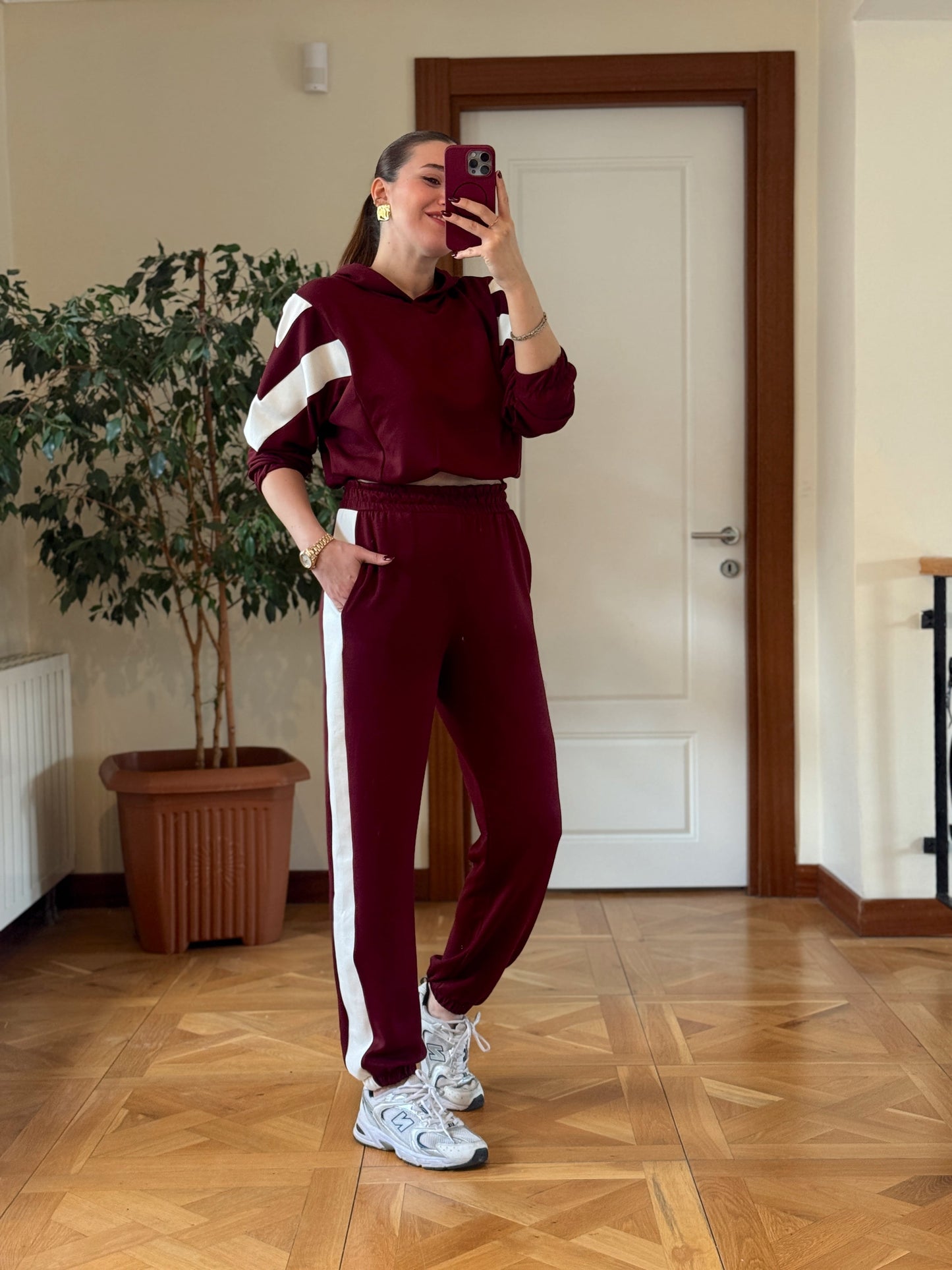 Modal Kapüşonlu Paça Lastikli Takım Bordo