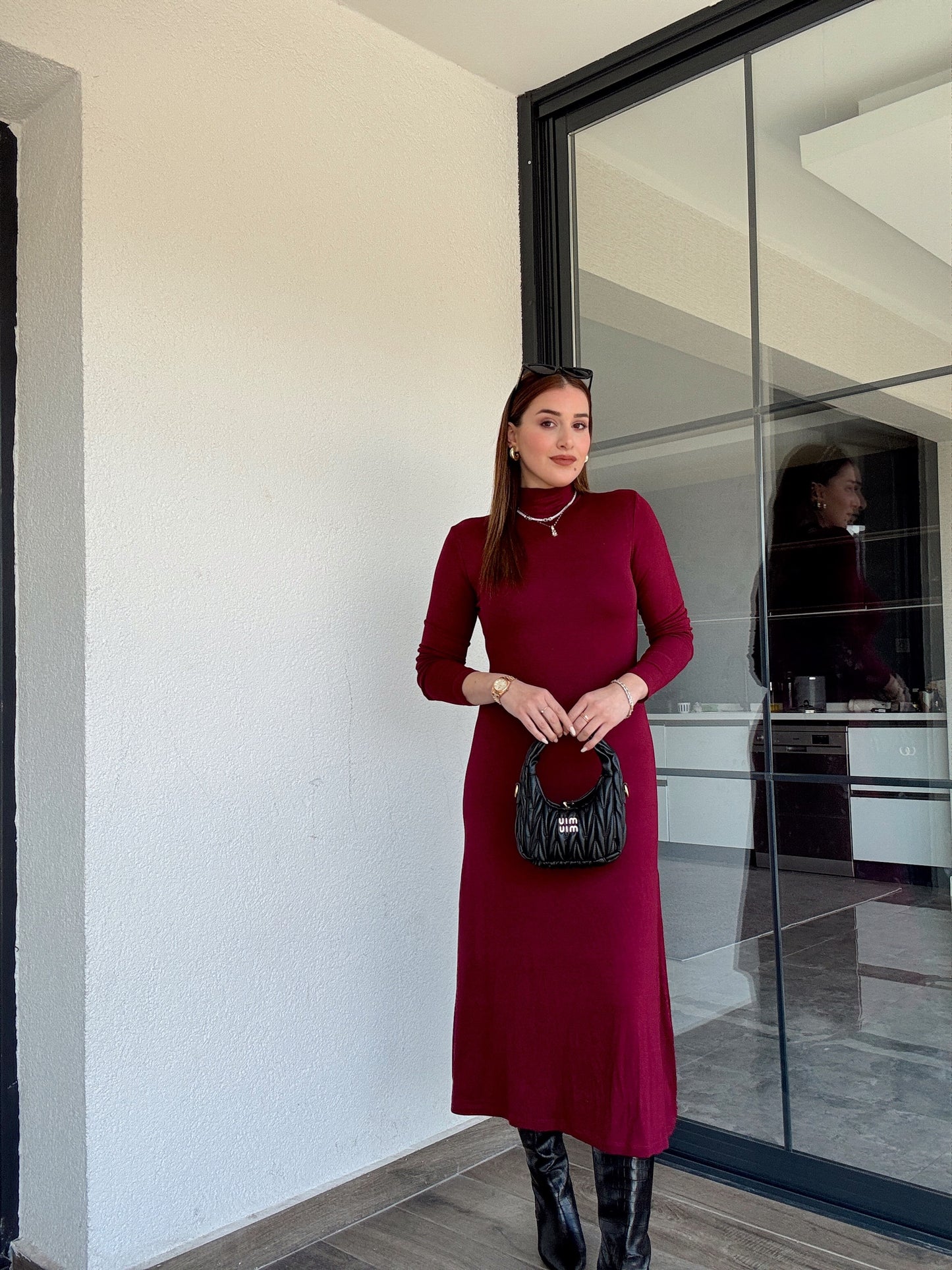 Dik yaka elbise-BORDO