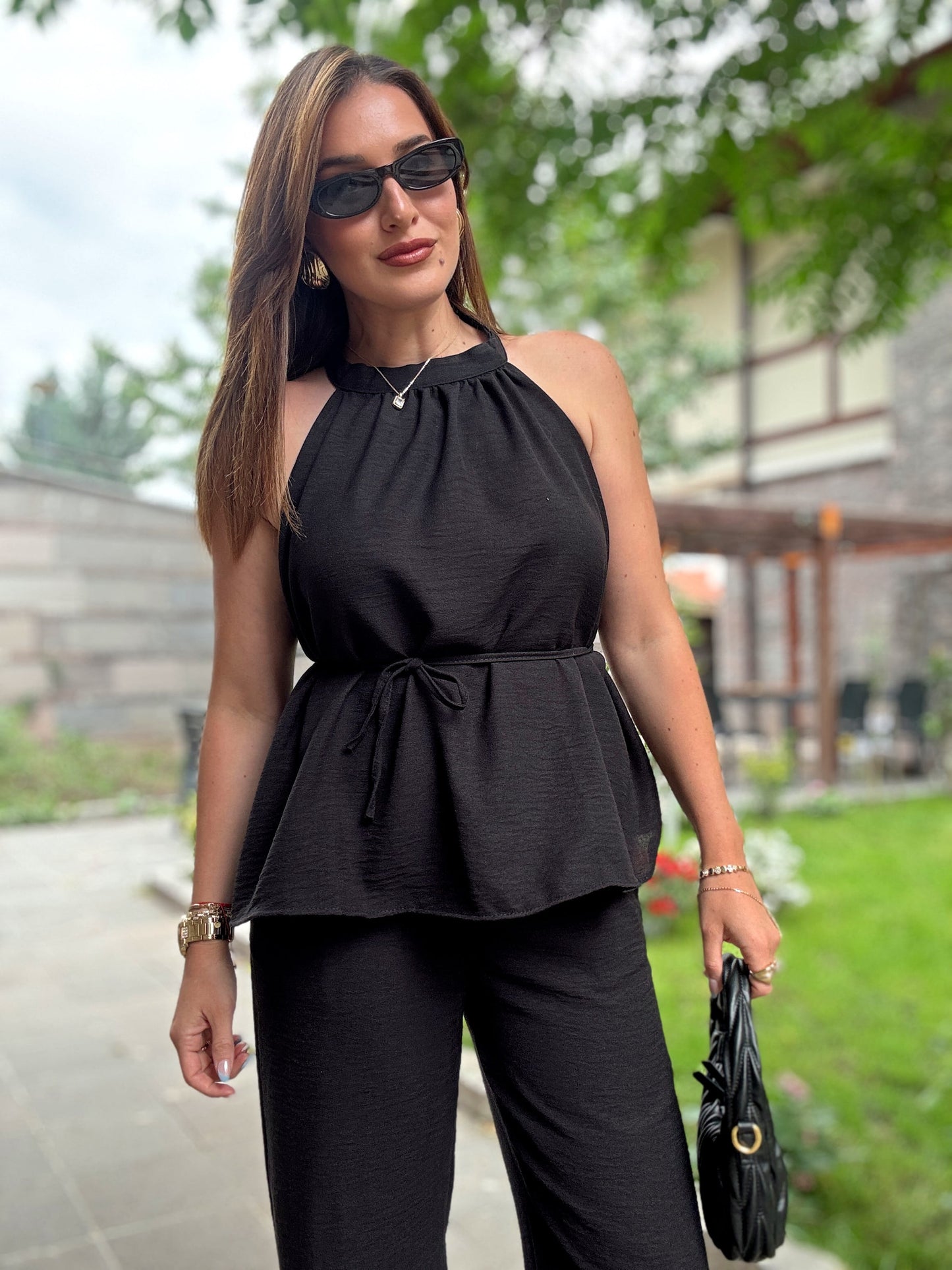 Boyun detaylı keten takım Siyah