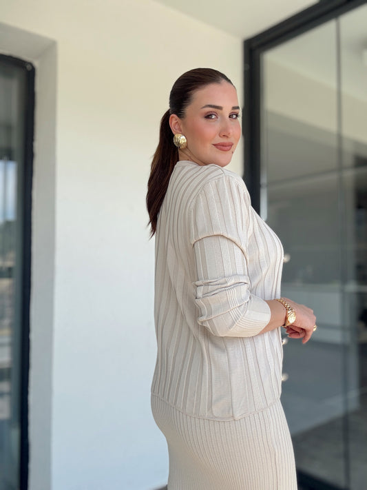 Fitilli Düğmeli Triko Takım Latte