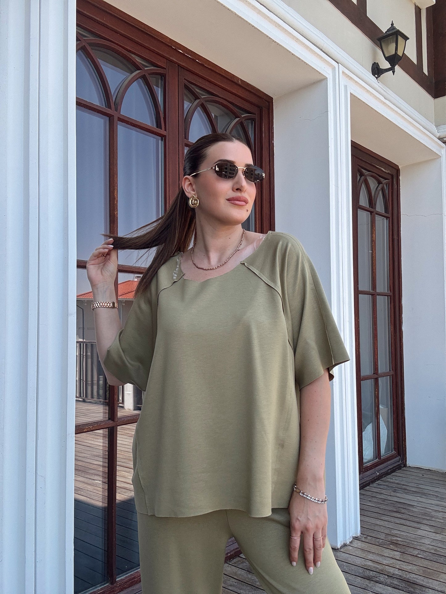 Kayık yaka lazer kesim modal takım HAKİ