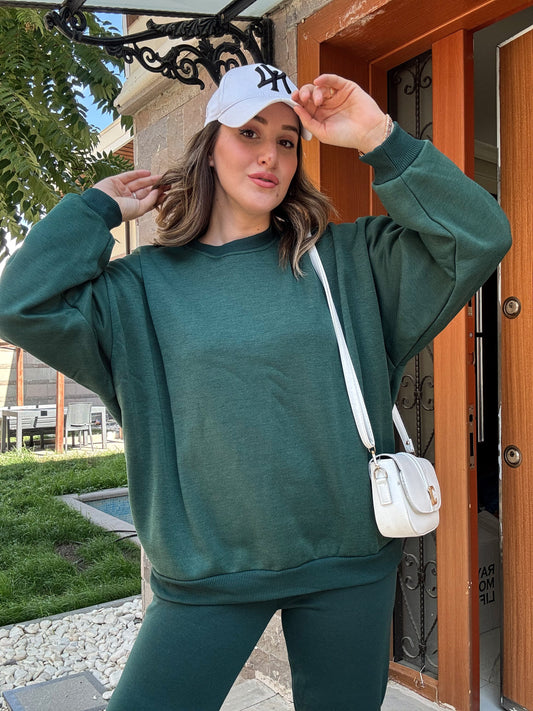 Üç İplik Şardonlu Basic Sweatshirt - YEŞİL