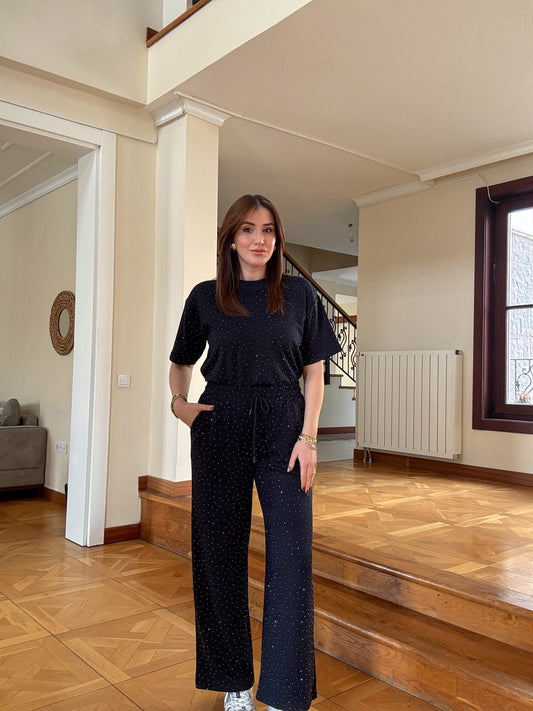 Taşlı kısa kollu ikili takım Lacivert