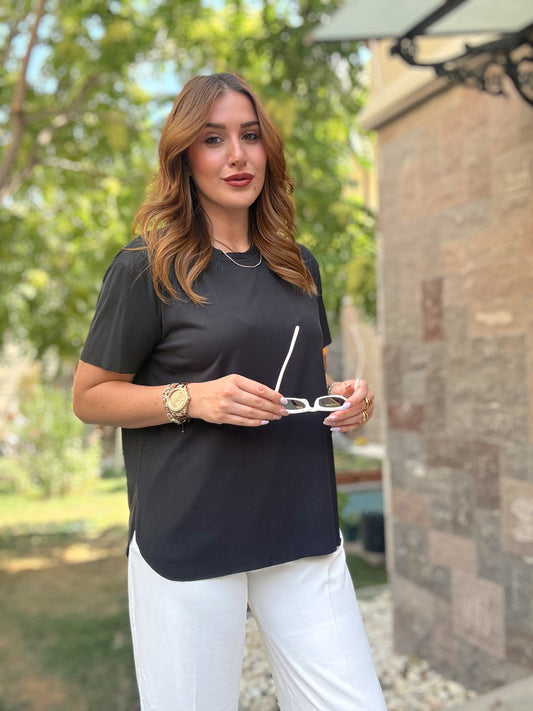 Tensel kumaş yırtmaçlı oversize tişört Siyah