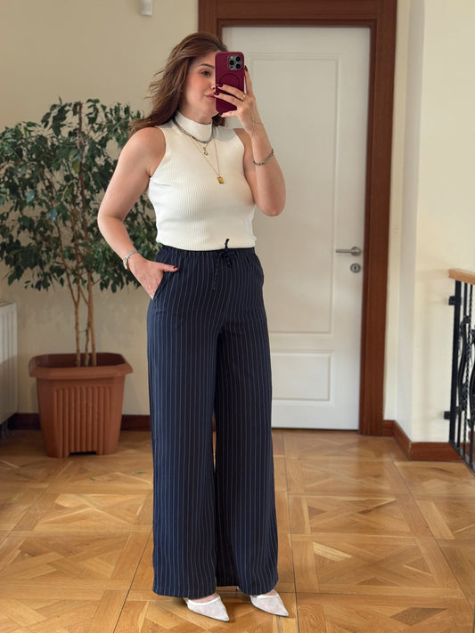 Bel bağcıklı çizgili pantolon-LACİVERT