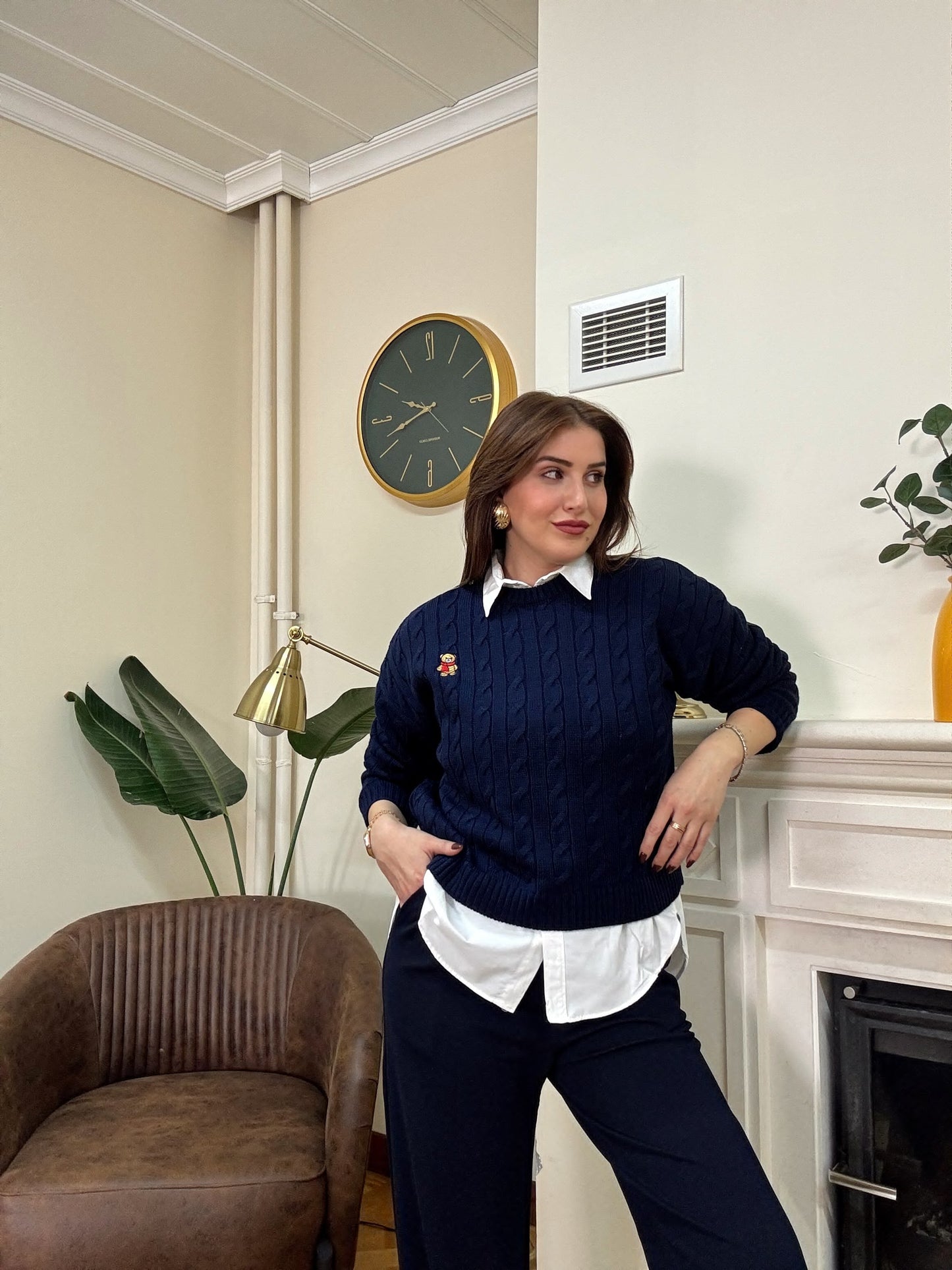 Saç örgü küçük ayıcık işlemeli kazak-LACİVERT