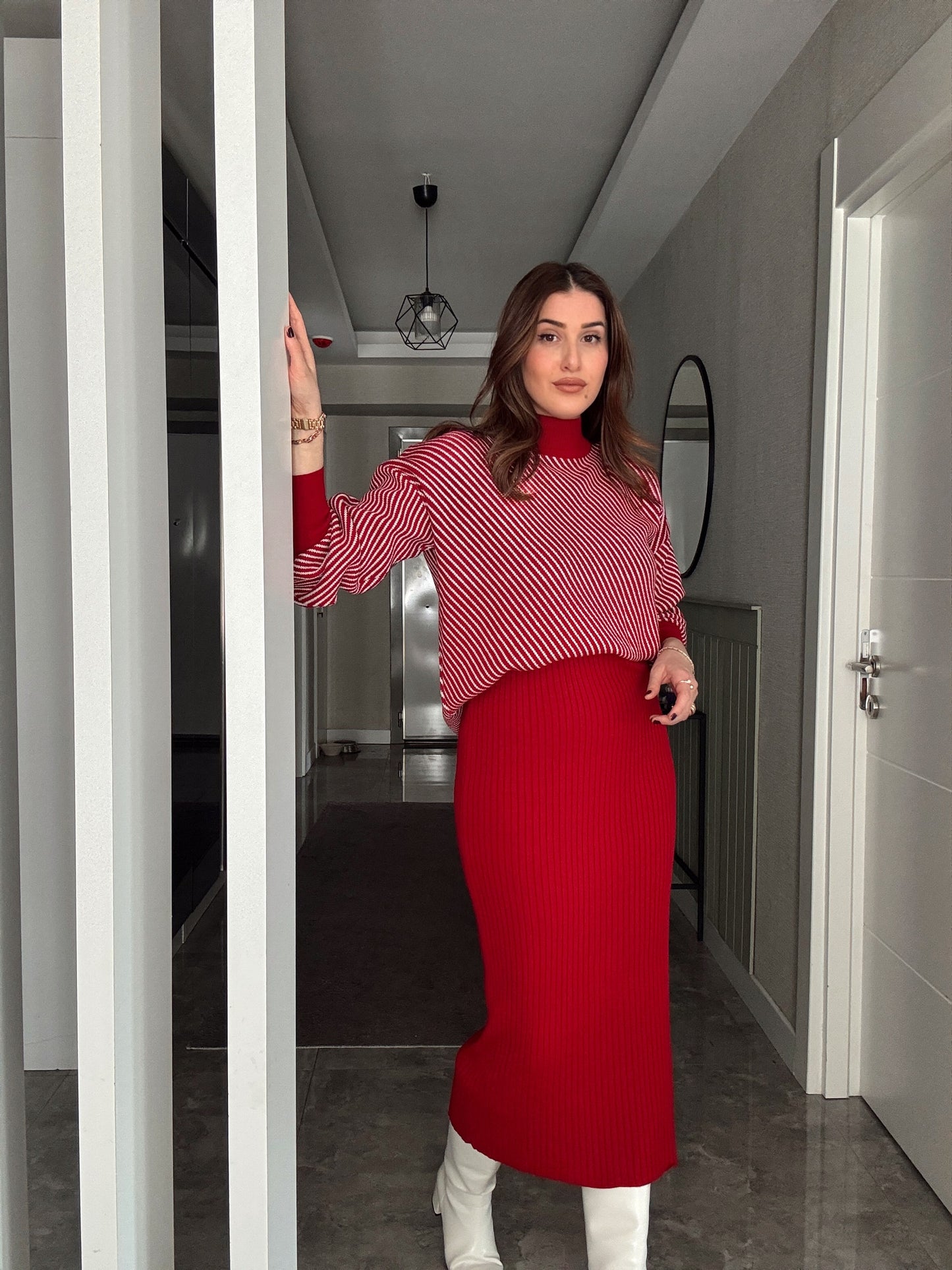 Yatay Çizgili Pikeli Jileli Takım - KIRMIZI