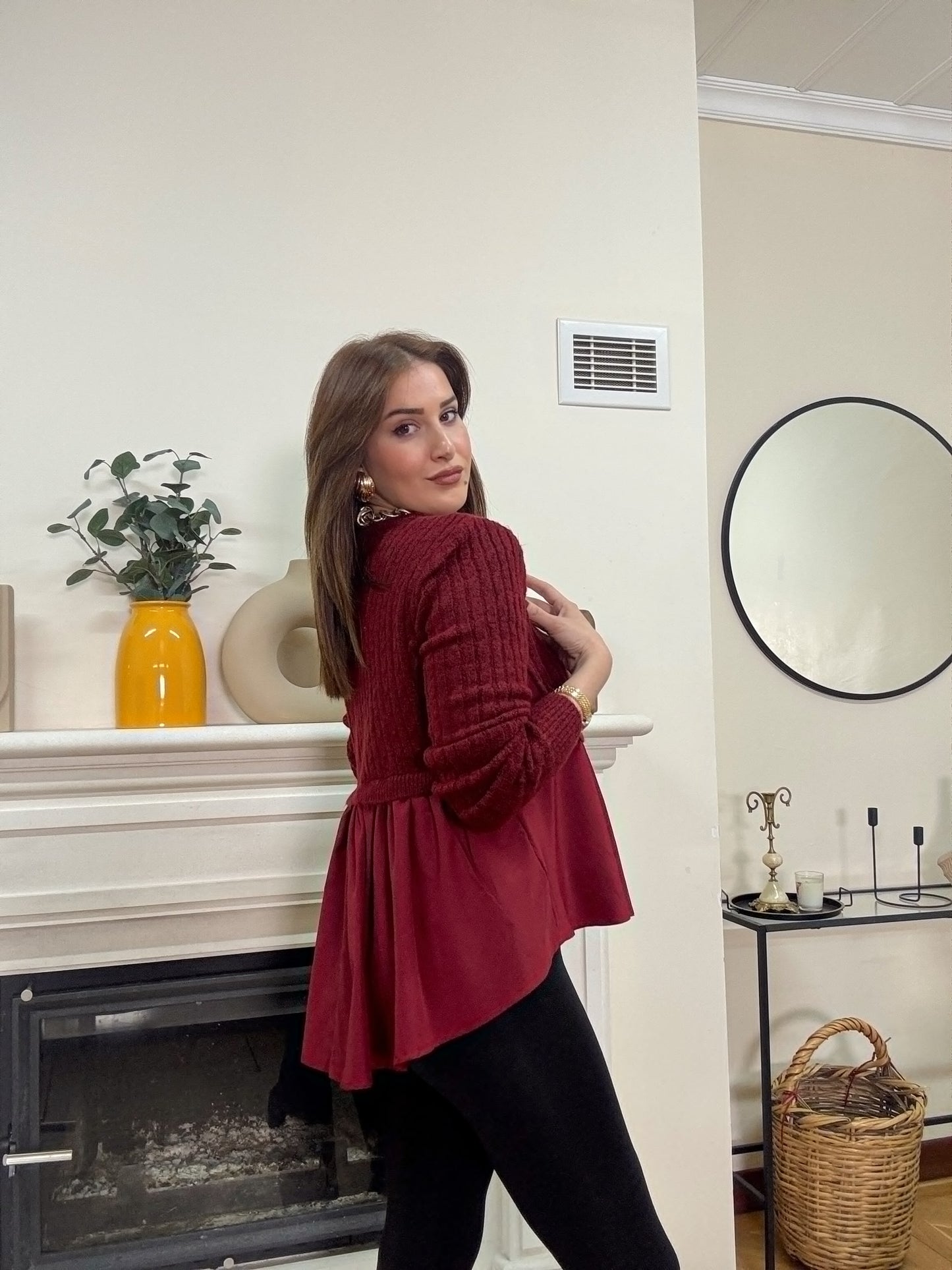 Poplin gömlek garnili triko kazak -BORDO