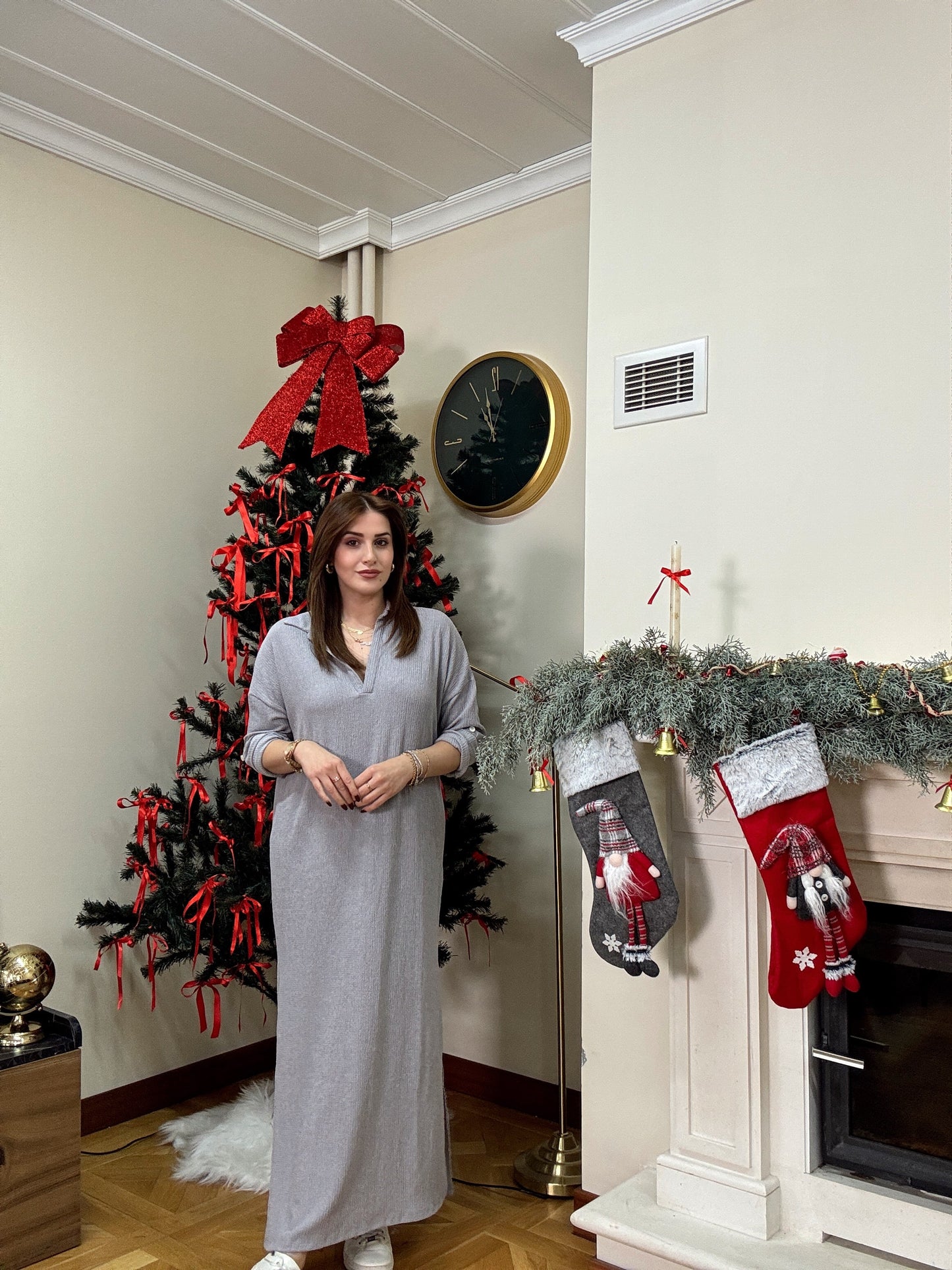 Polo yaka çift yıtmaç elbise-GRİ