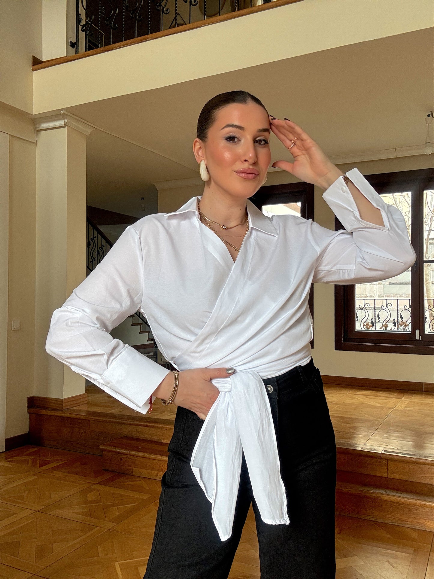 Poplin bağlamalı gömlek Beyaz