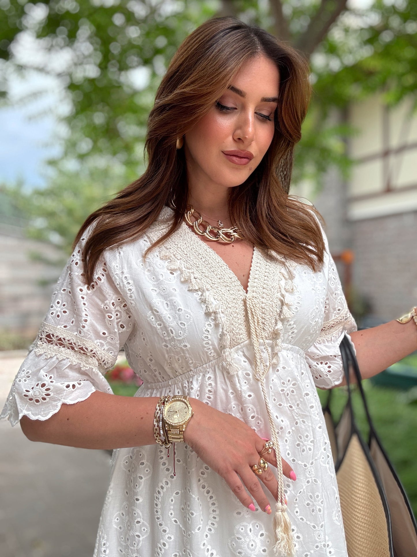 Juliet Kısa kol astarlı premium elbise Beyaz