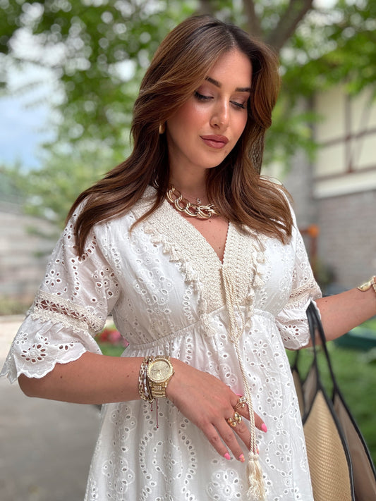Juliet Kısa kol astarlı premium elbise Beyaz