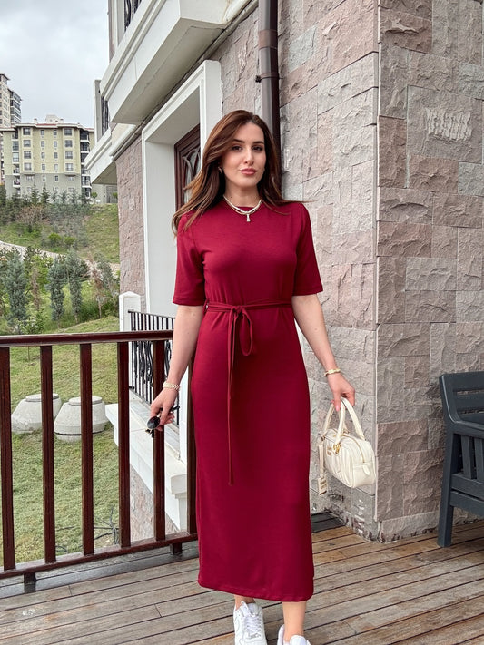 Kemerli bisiklet yaka modal kumaş elbise BORDO